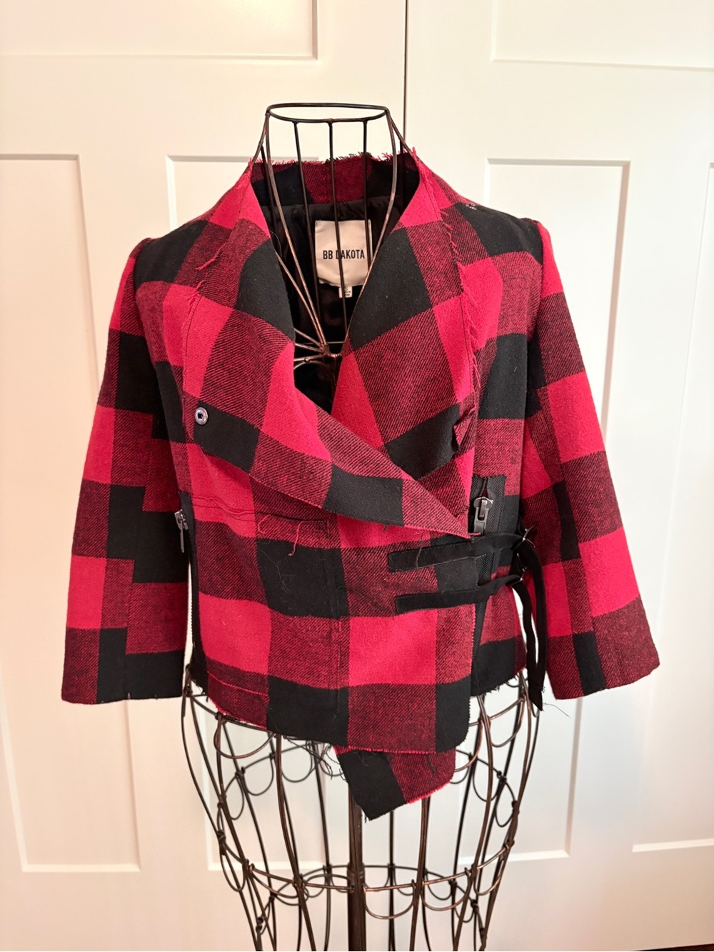 BB Dakota Red and Black Plaid Asymmetrical Jacket